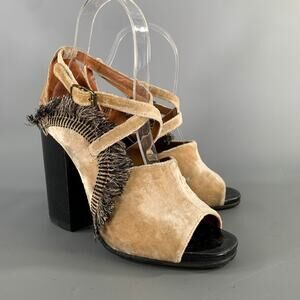 DRIES VAN NOTEN Size 7.5 Tan Black Velvet Fringe Ankle Strap Sandals